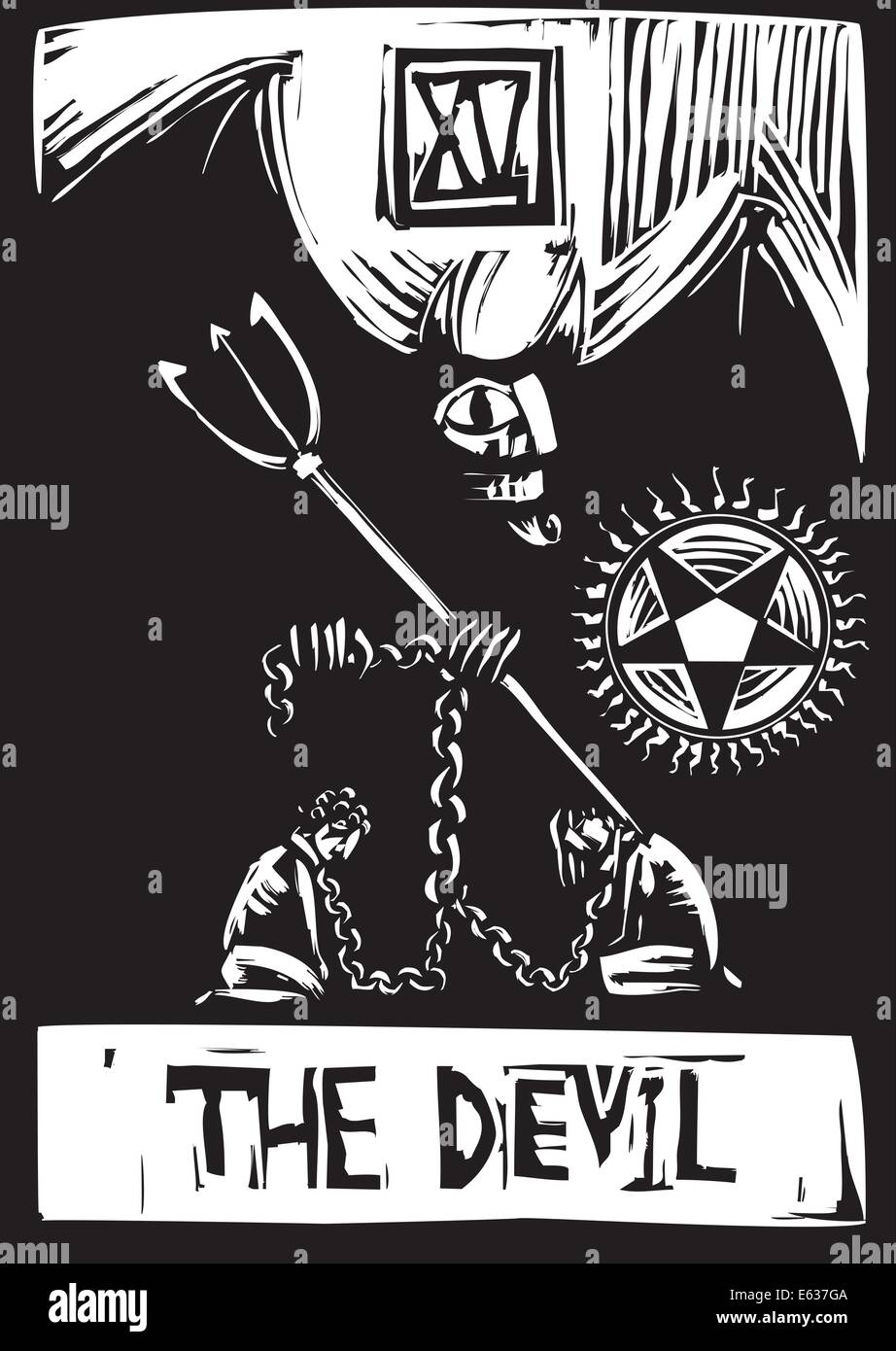 Woodcut style tarot card for the devil Stock Vector