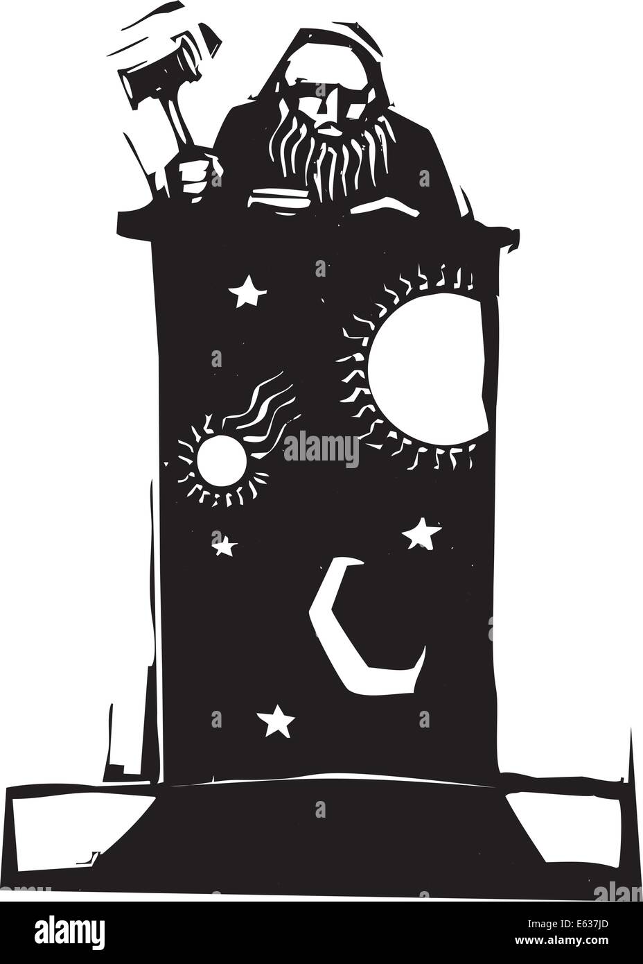 Woodcut style judge sitting atop his bench with the image of night sky Stock Vector