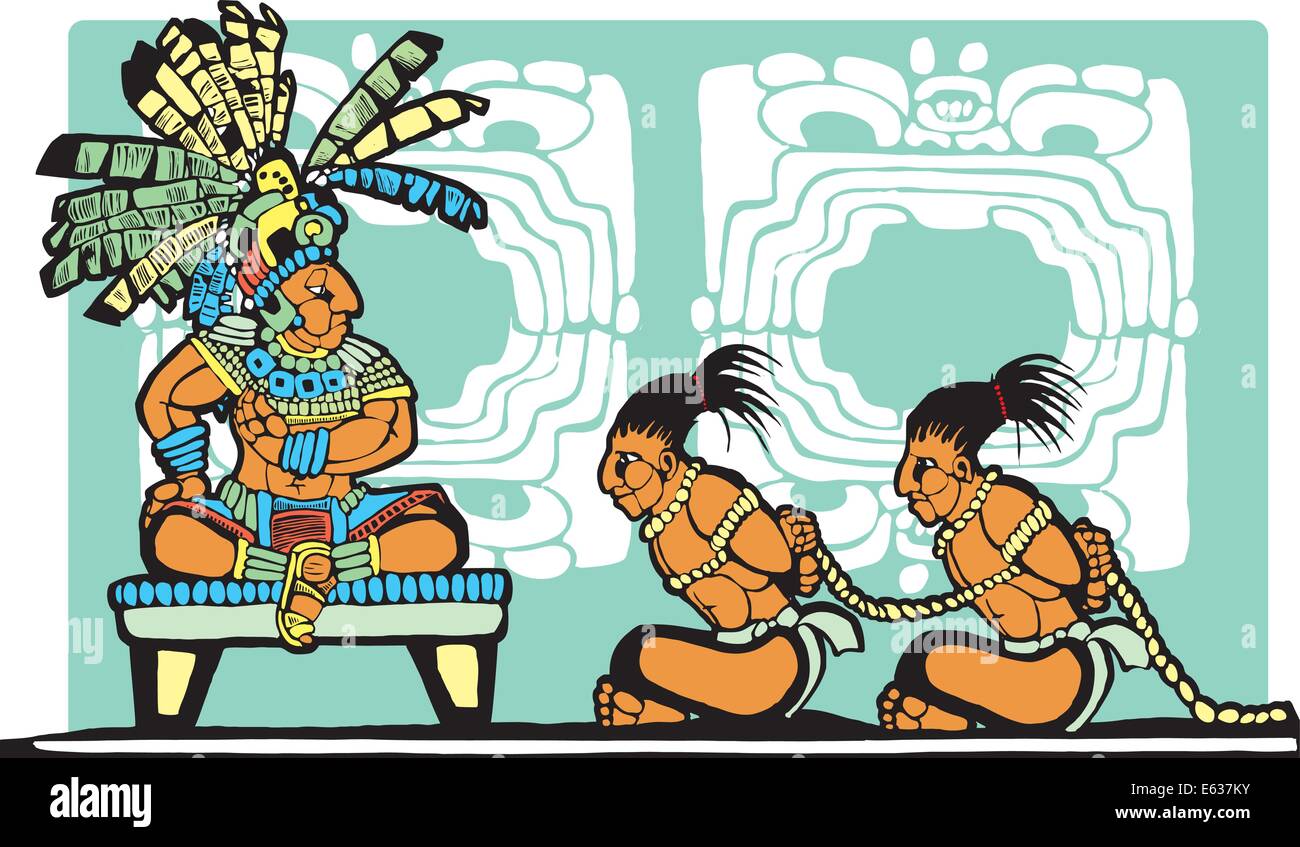Mayan King on throne looks over war prisoners. Stock Vector