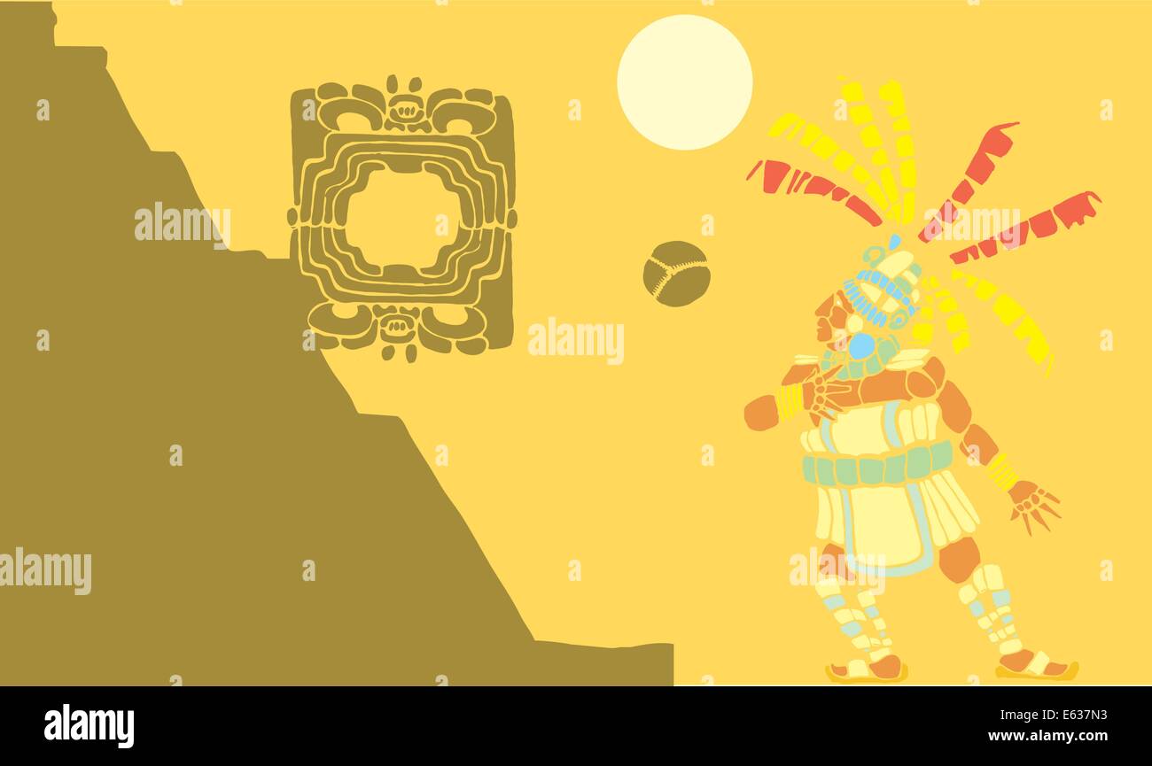 Single Mayan Ballplayer in ball court designed after Mesoamerican Pottery and Temple Images. Stock Vector