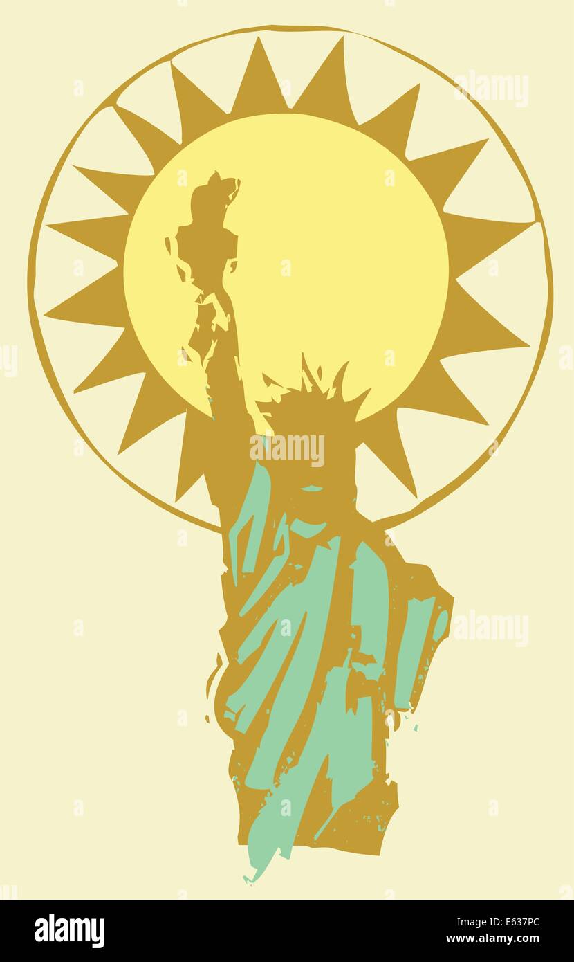 Statue of Liberty in shadow with the sun behind it. Stock Vector