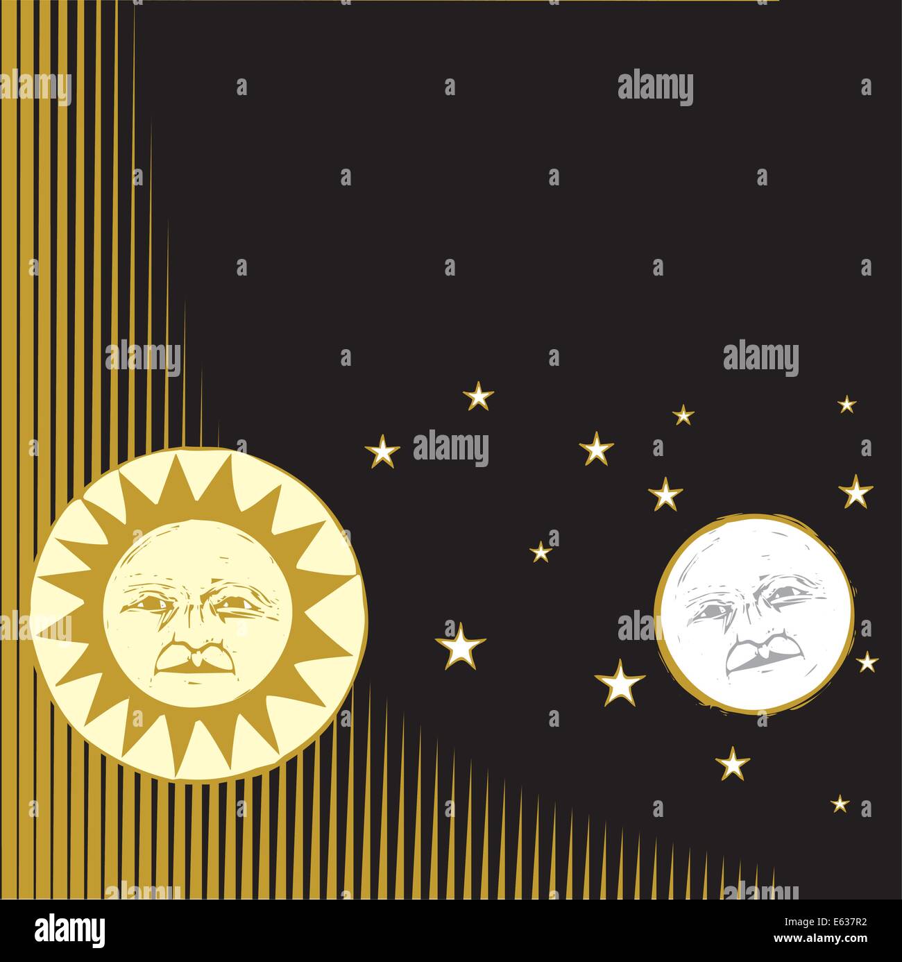 Woodcut style image of the sun and moon Dawn and Night Stock Vector