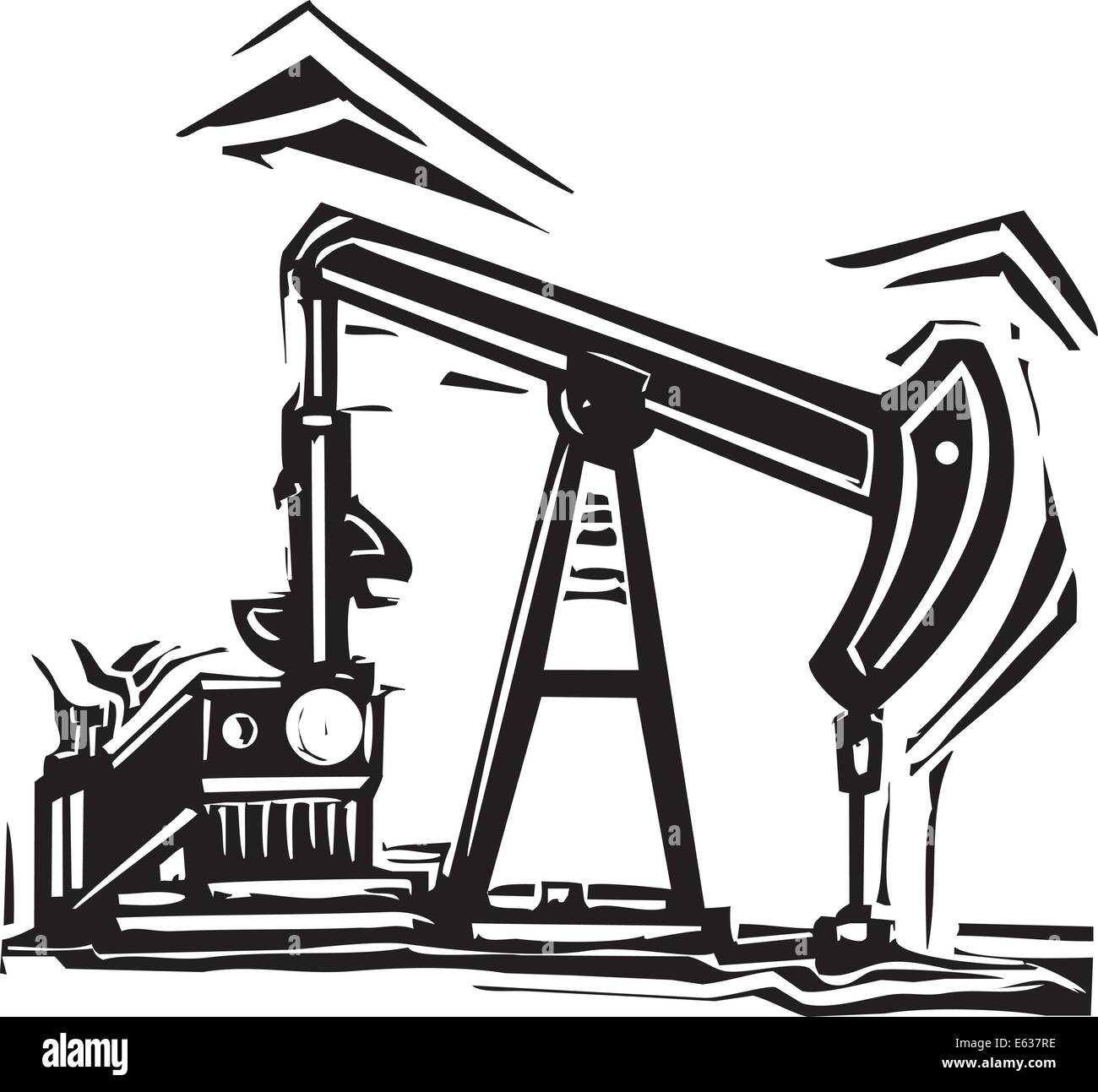 Woodcut Style image of an Oil industry oil well pumpjack pumping oil. Stock Vector