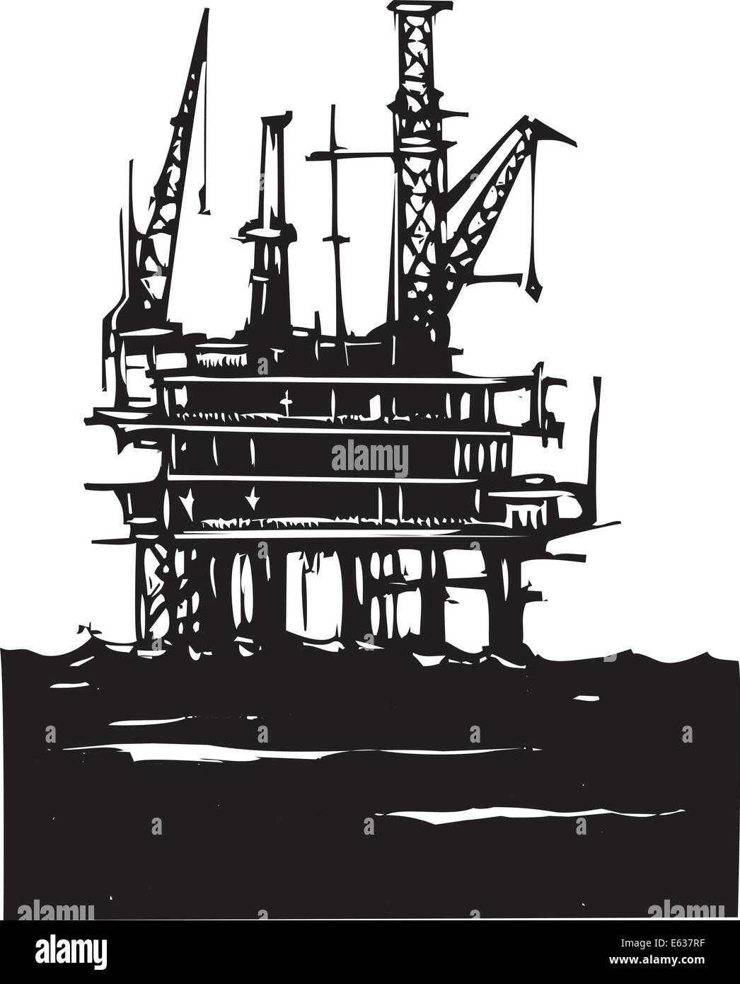 Woodcut Style image of a Deep sea offshore oil rig drilling on the ocean Stock Vector