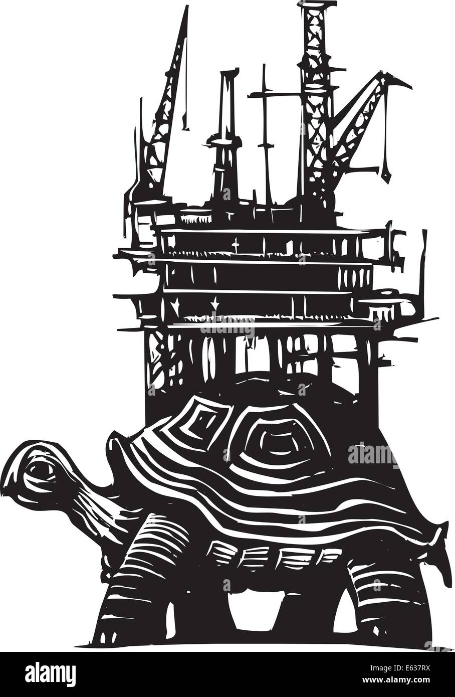 Woodcut style turtle carrying an oil drilling rig on its back. Stock Vector
