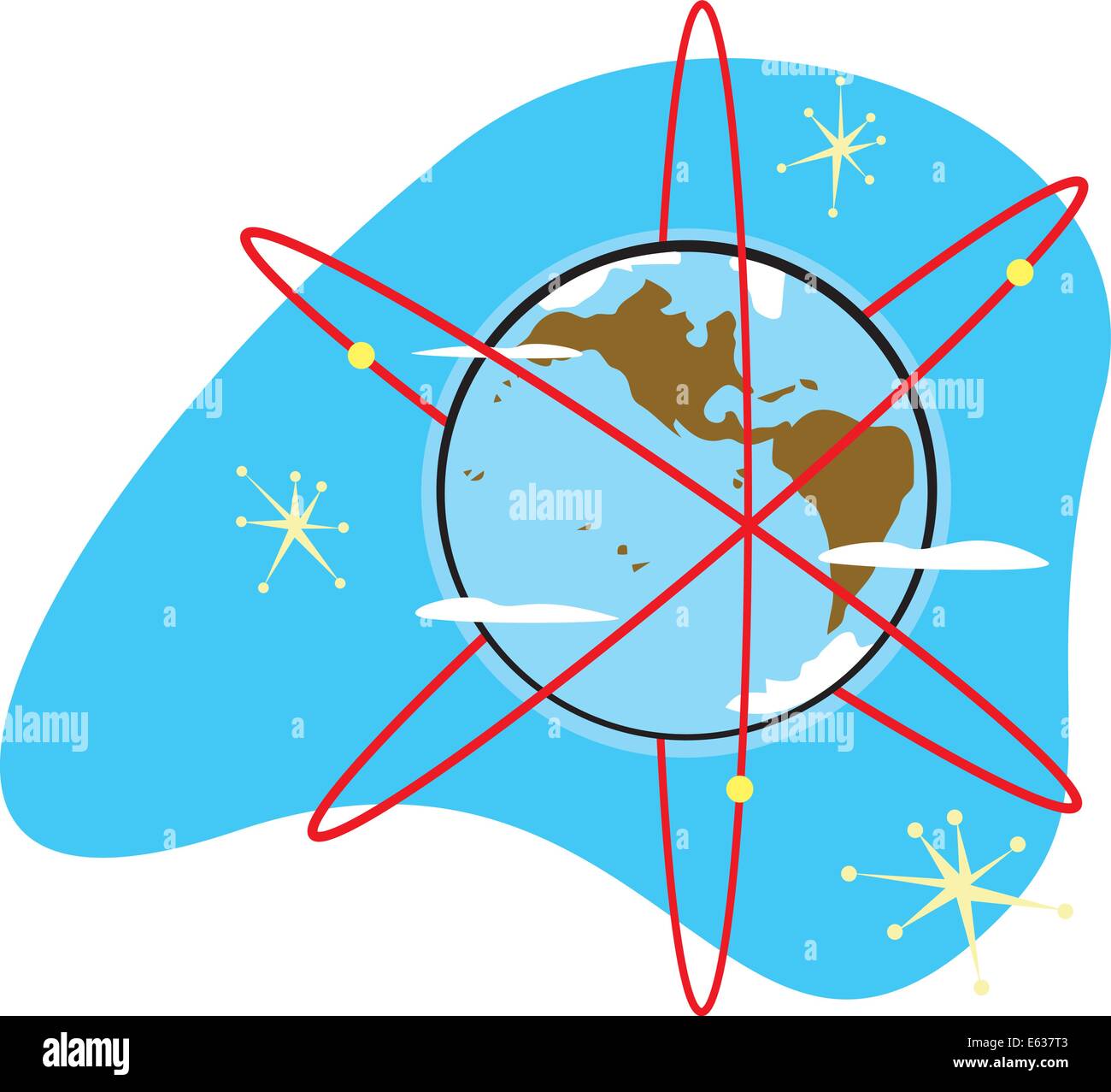 Retro styled radioactive Earth with satellites for electrons. Stock Vector