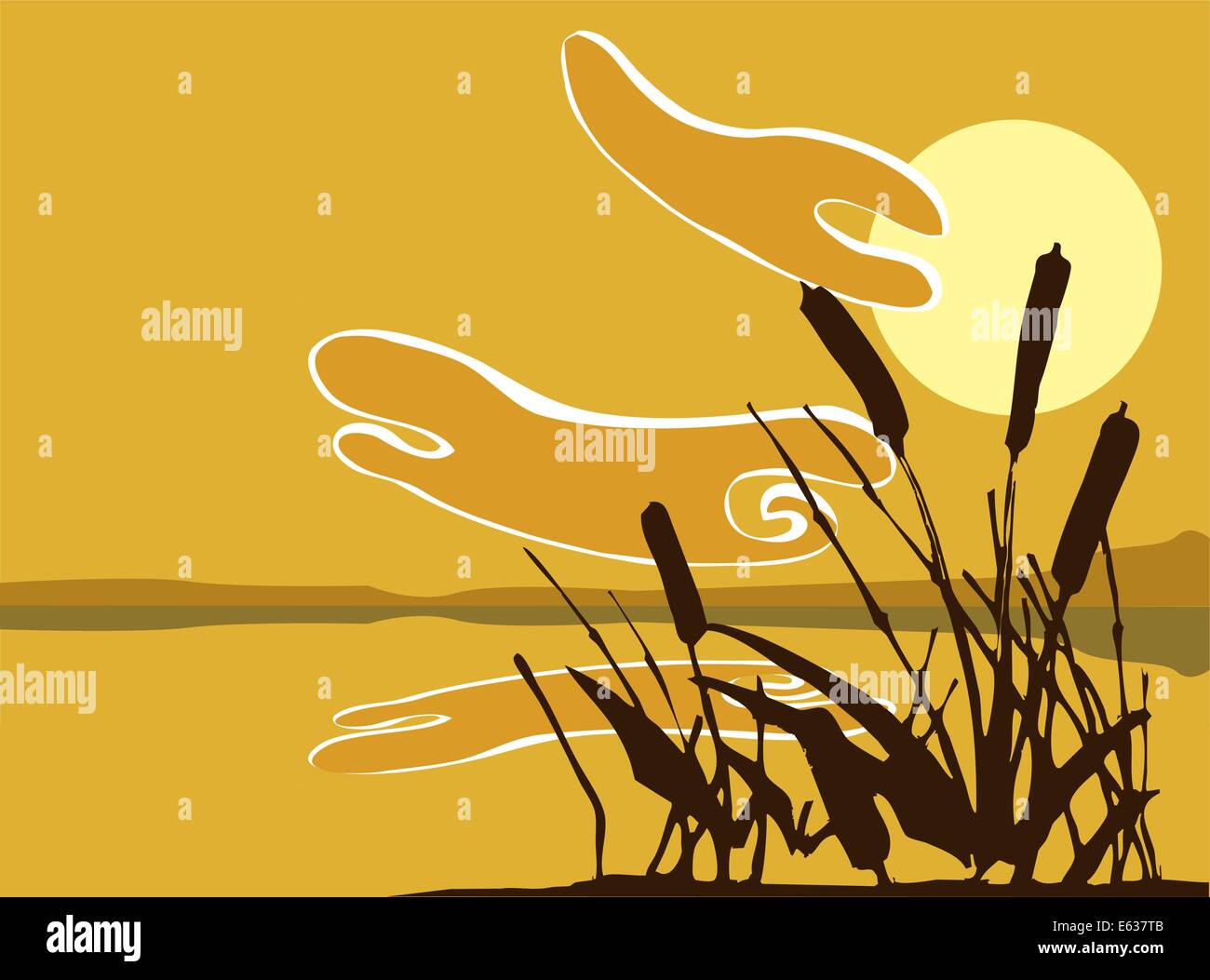 A patch of reeds that might grow on the edges of a pond at sunset Stock Vector