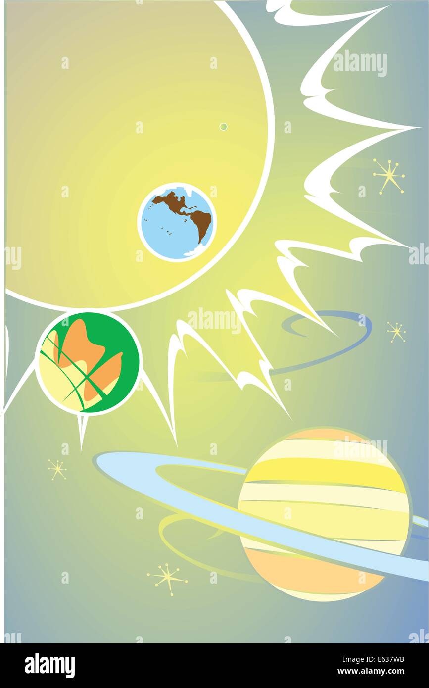 Retro Styled image of the solar system and a few planets. Stock Vector