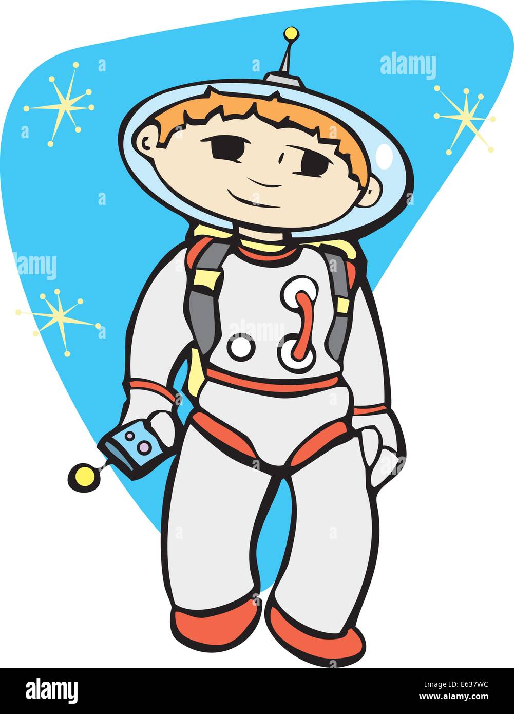 Retro boy in spacesuit walking around with a smile. Stock Vector