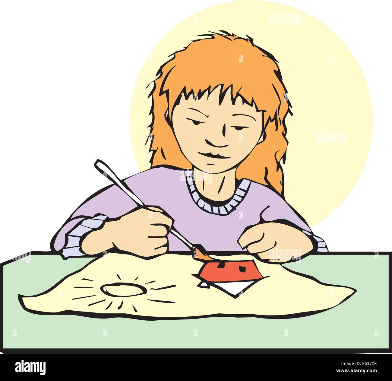 Young girl with red hair painting a picture. Stock Vector