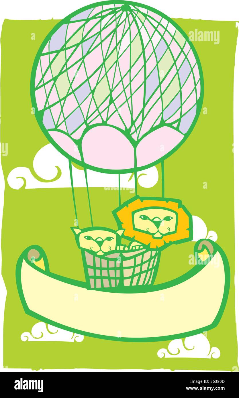 Two lions in a pink balloon with banner. Stock Vector
