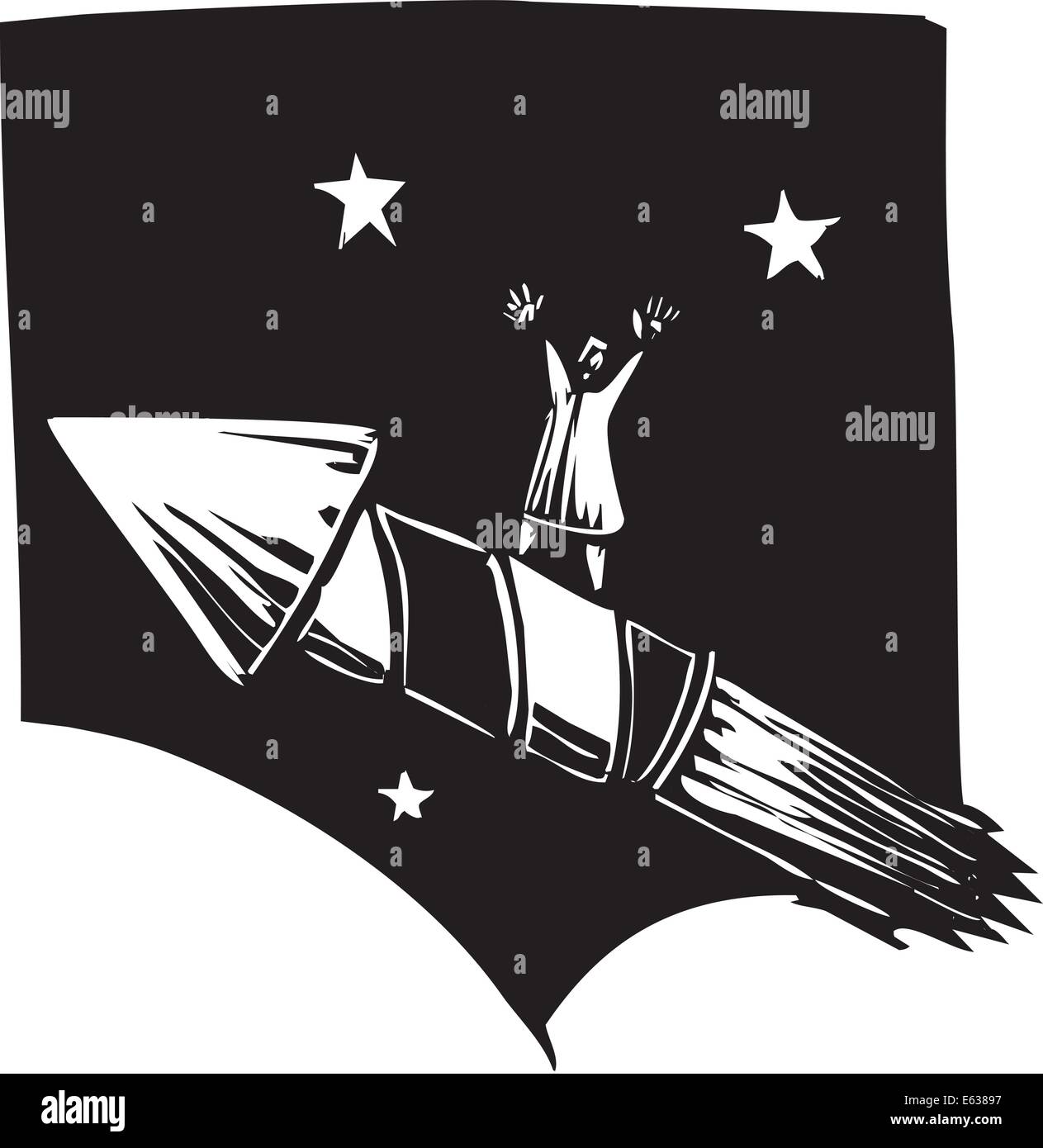 man riding a fireworks type rocket in the night sky Stock Vector