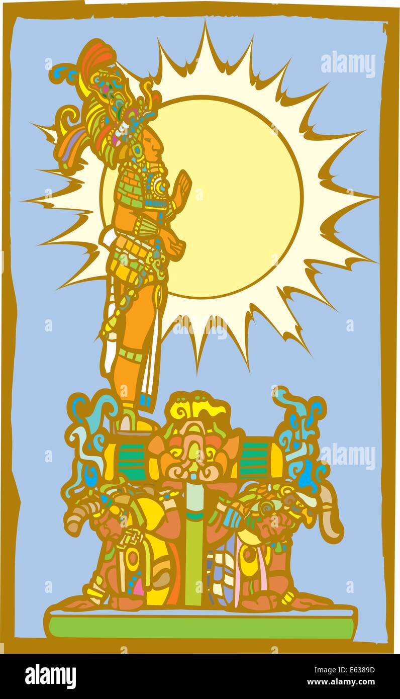 Mayan lord stands on the backs of slaves with sun in background. Stock Vector