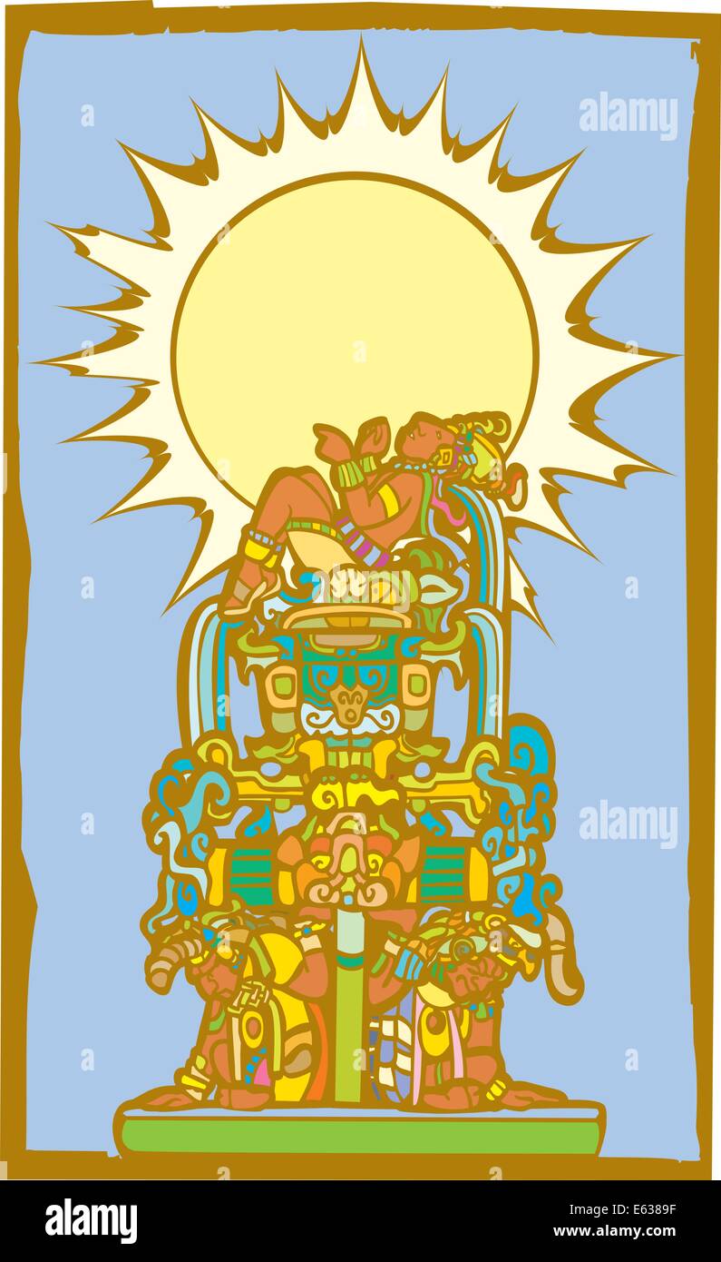 Reclining Maya pedestal with slaves and sun image Stock Vector