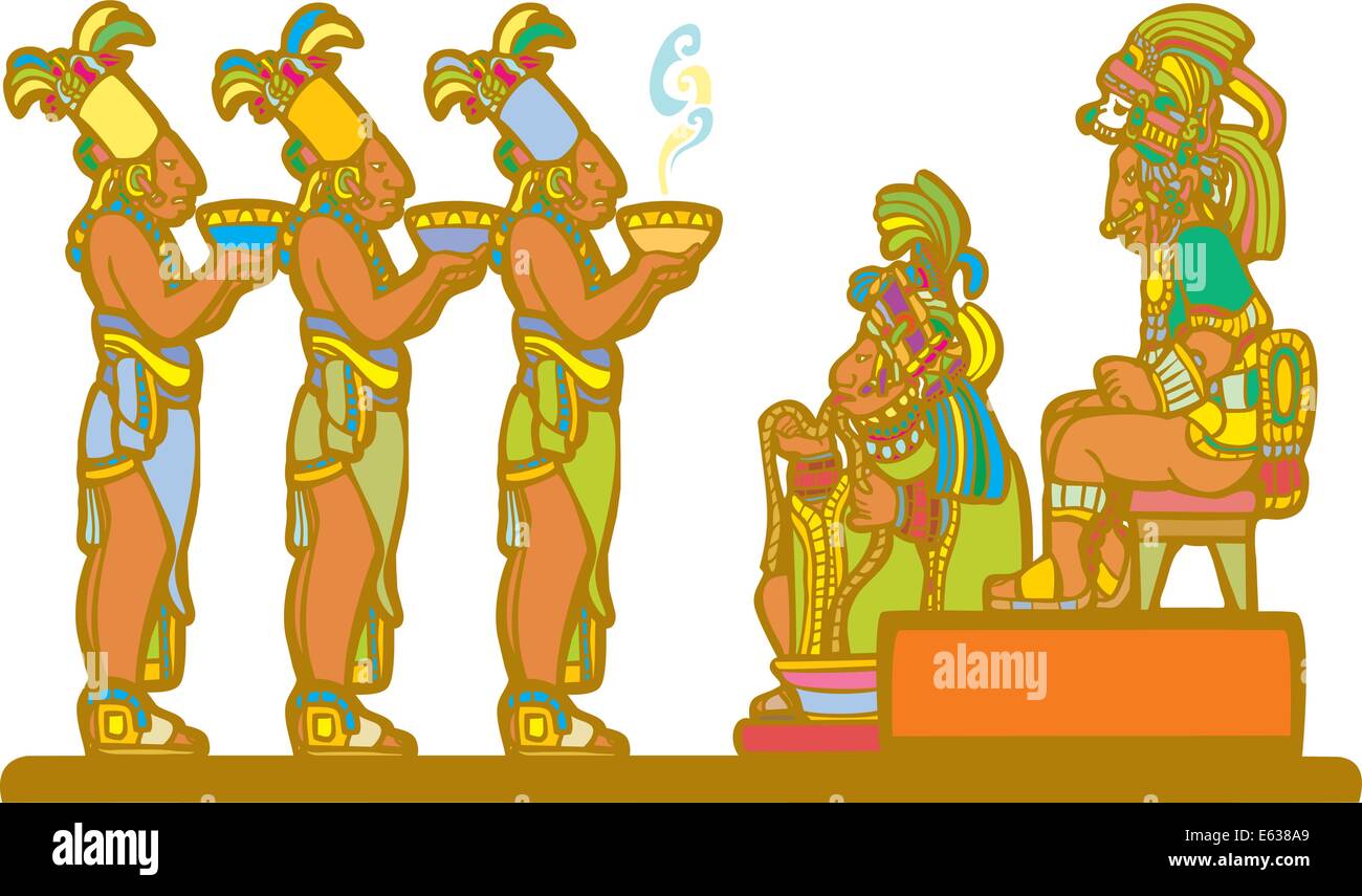 Mayan king and court receiving tribute derived from mayan temple imagery. Stock Vector