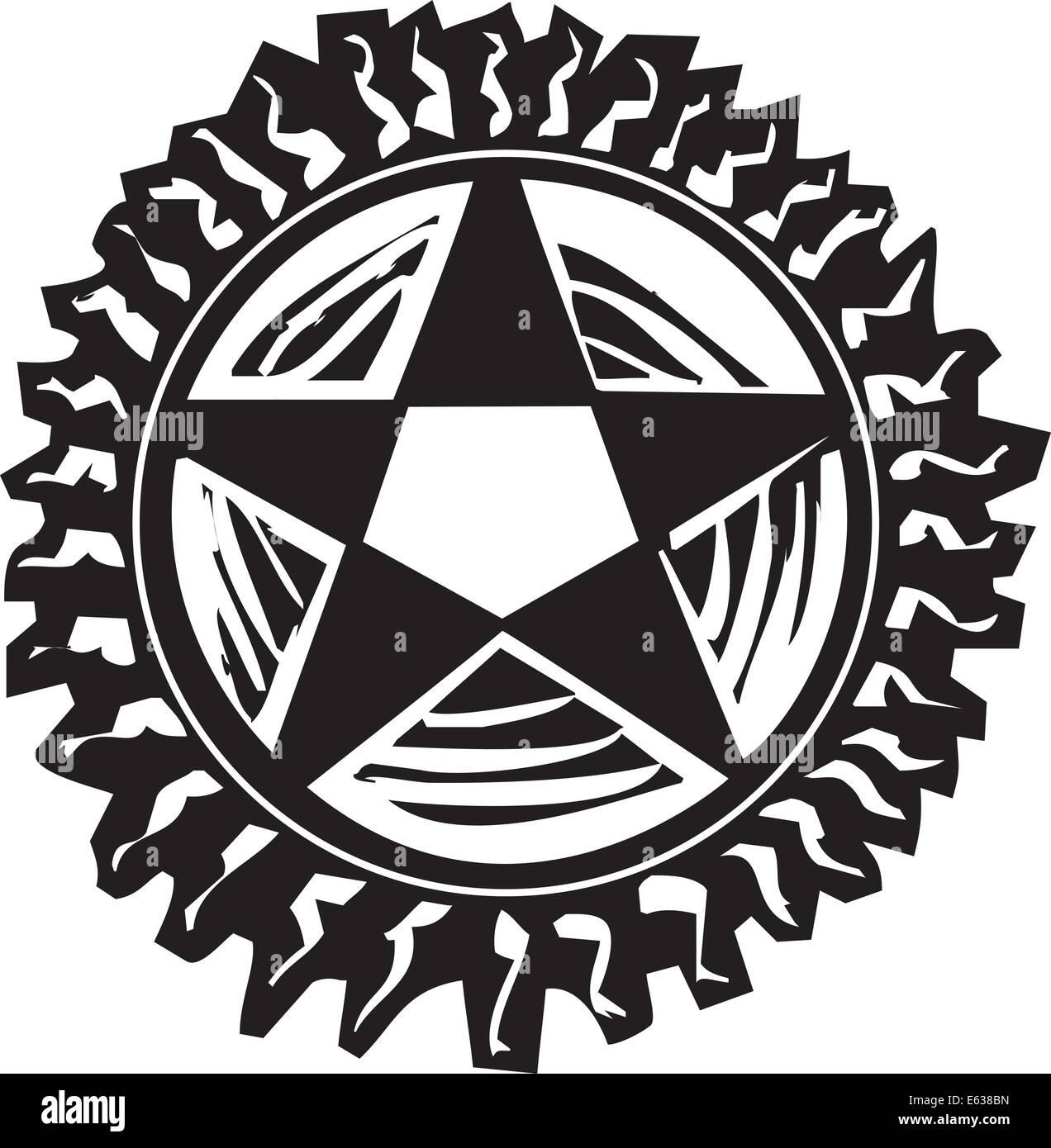 Woodcut style pentagram with rays like the sun Stock Vector