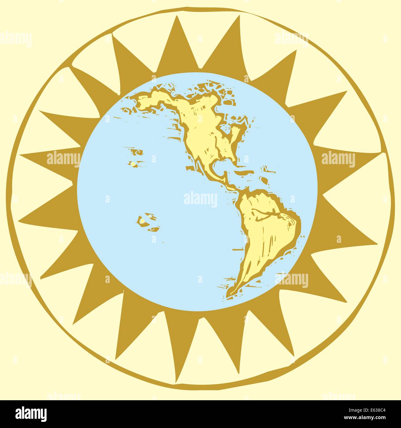 Hemisphere of the globe done in a woodcut style set in a compass rose. Stock Vector