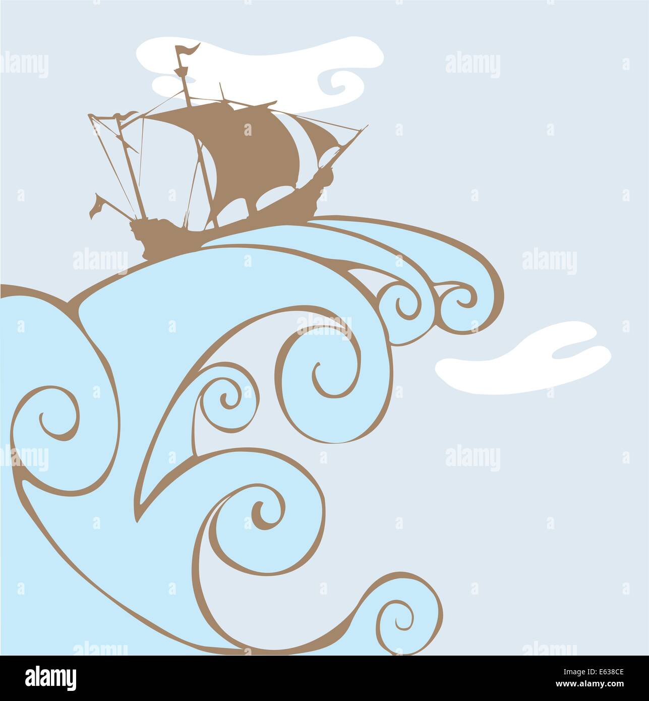Pirate ship rides a huge wave over the ocean. Stock Vector