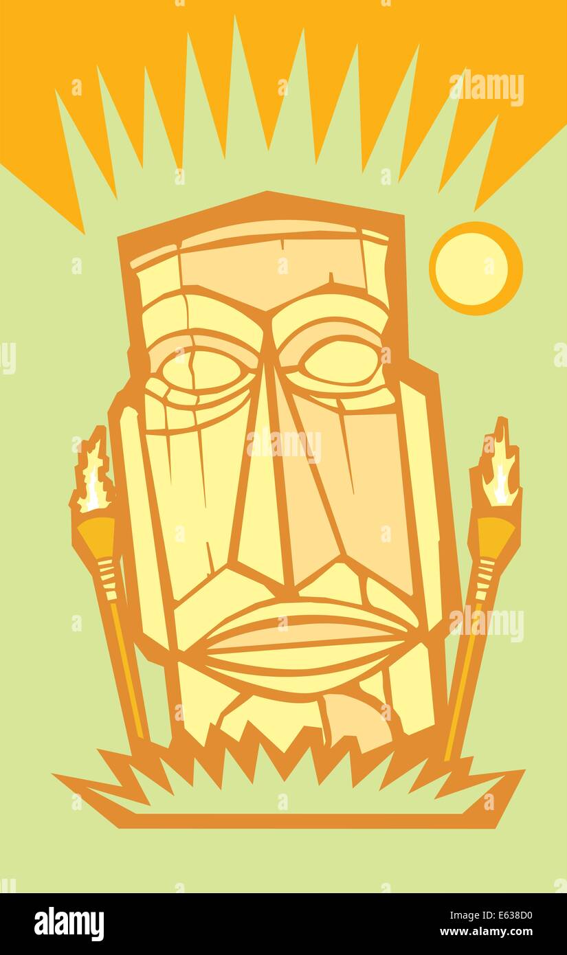 Retro tiki in an island setting with sun and torches Stock Vector