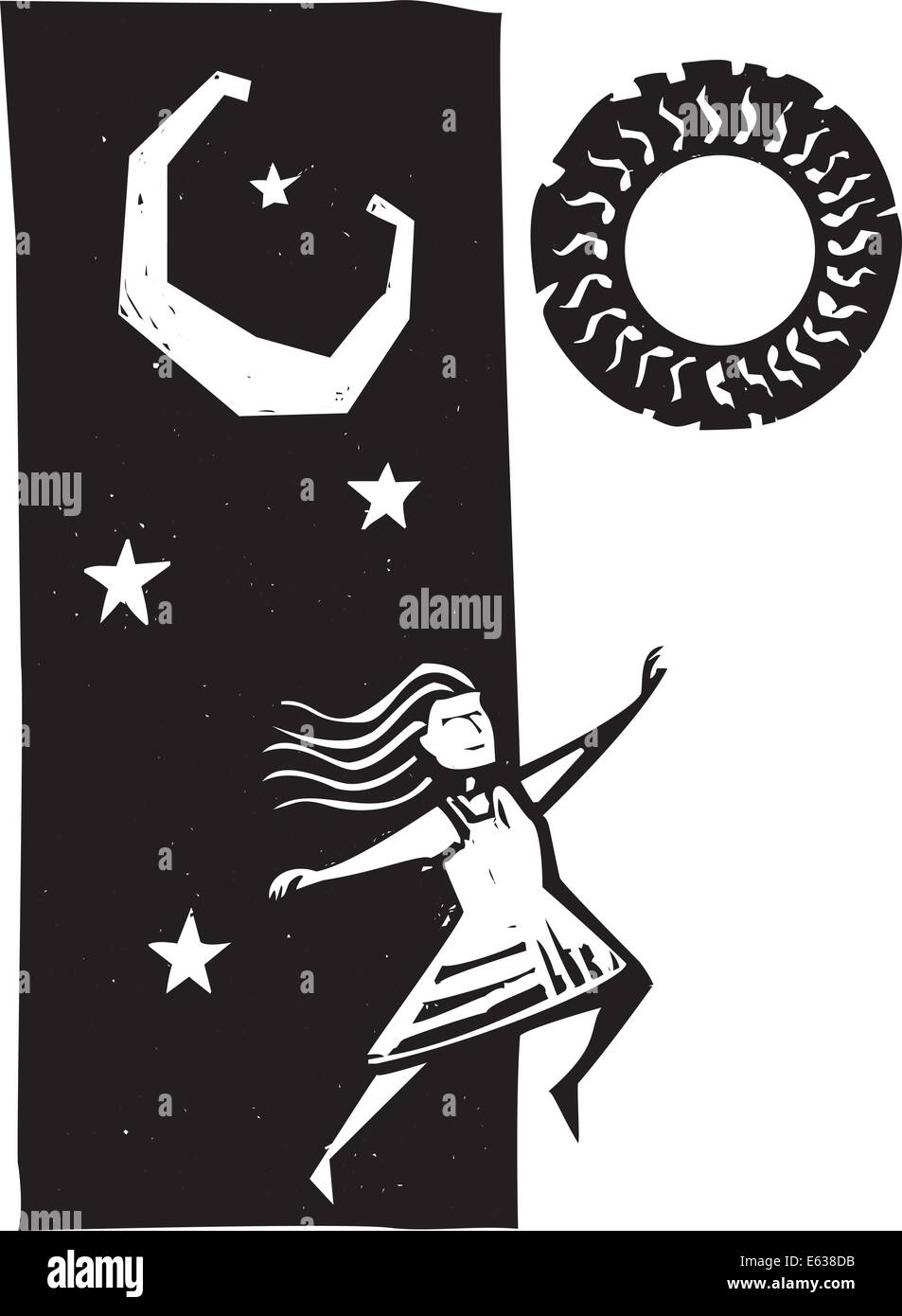 Girl jumping between nighttime and daytime. Stock Vector