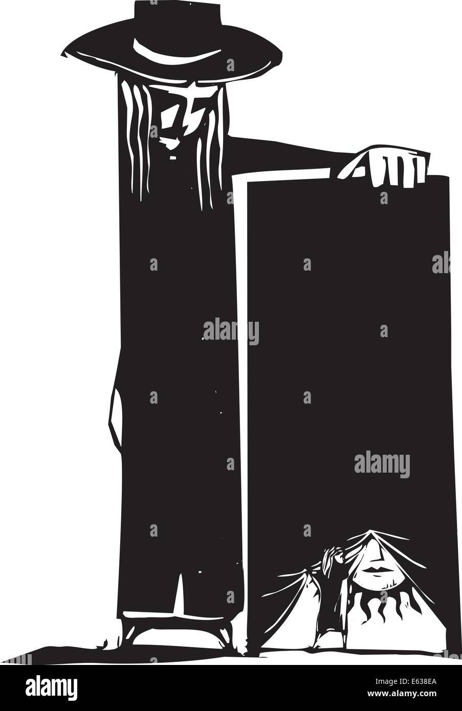 Girl lifts stage curtain while giant woman watches. Stock Vector