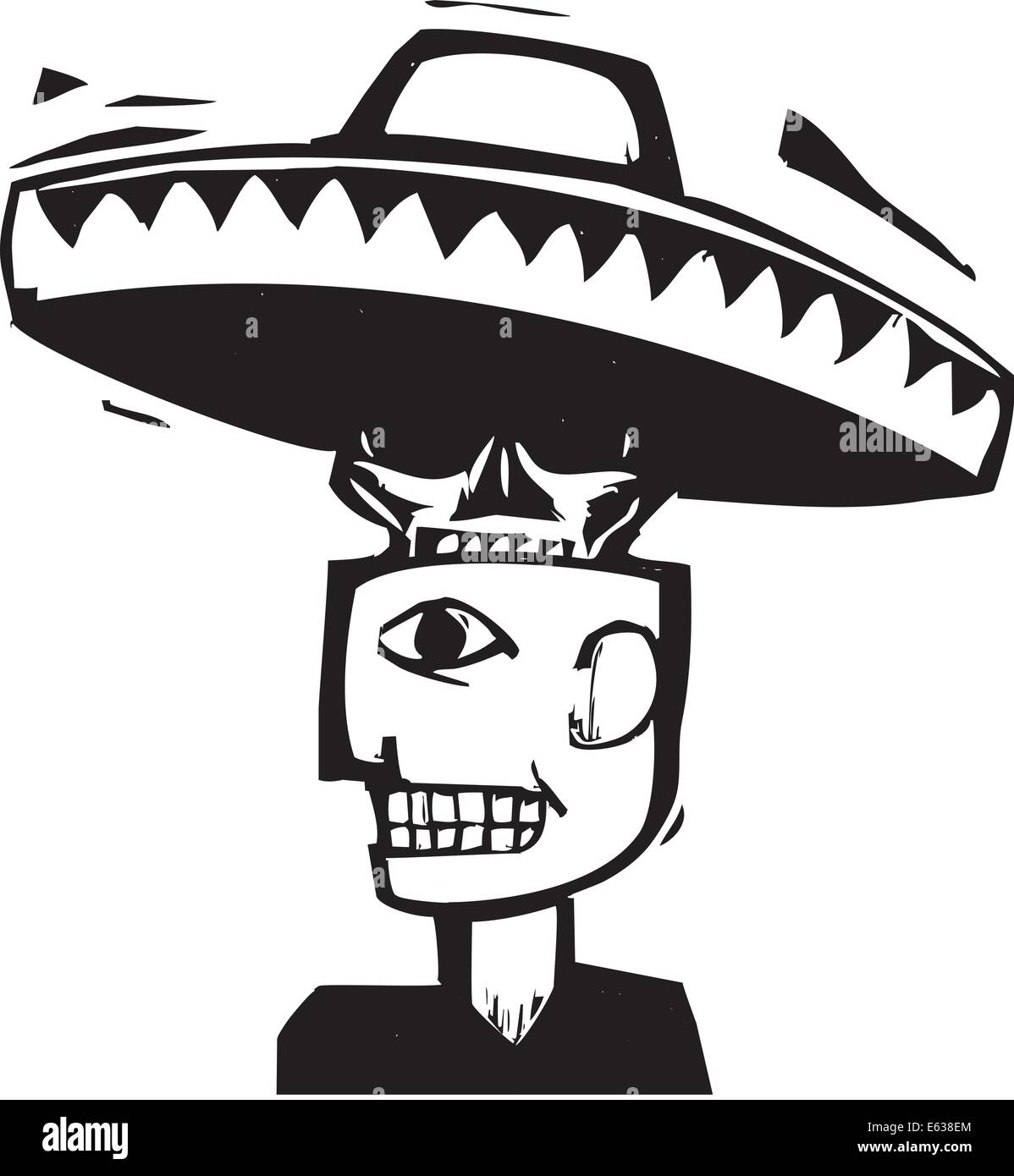 Skull wearing a sombrero emerging from inside a man's head. Stock Vector