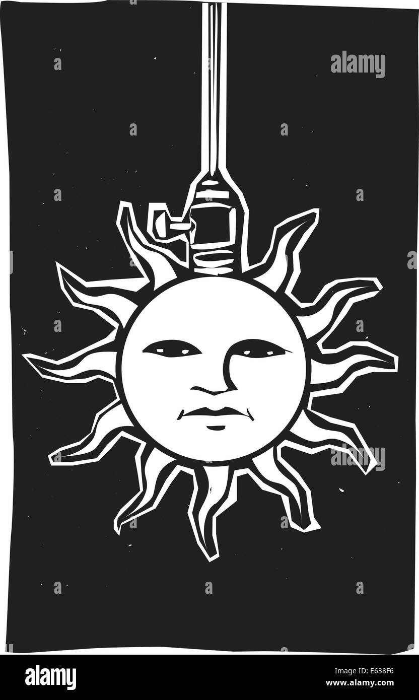 Image of a sun face connected to a hanging electrical socket. Stock Vector