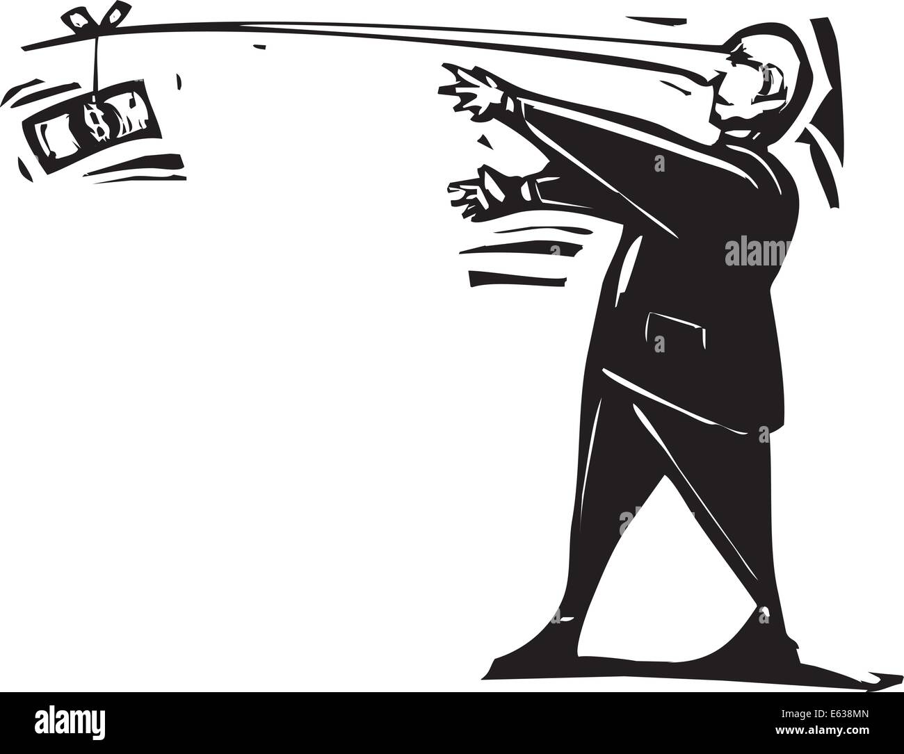 Woodcut expressionist style image of a Wall Street Banker following a dollar on the end of his long nose. Stock Vector