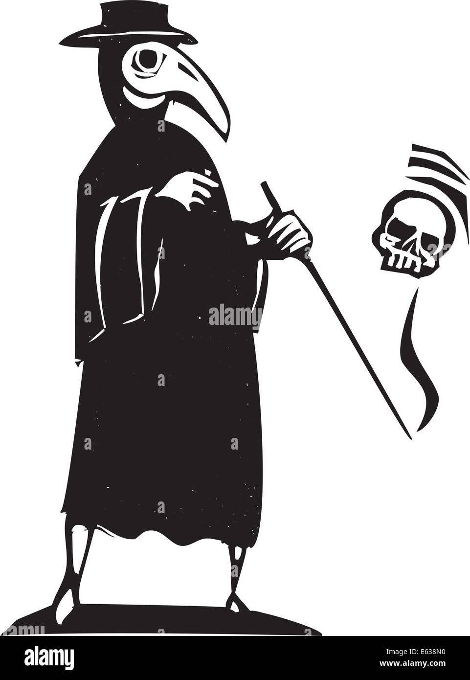 Medieval style woodcut image of a plague doctor in a mask. Stock Vector