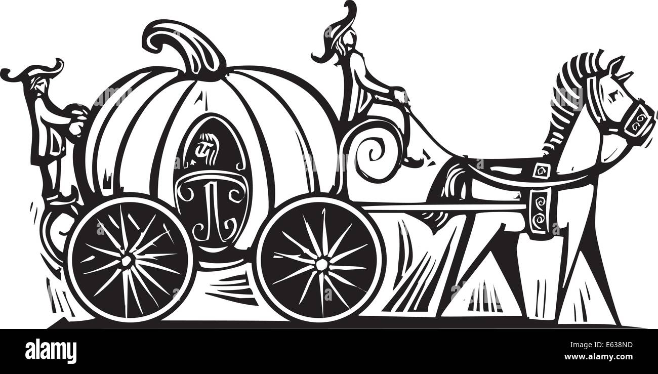 Fairytale Cinderella in Pumpkin carriage rendered in a woodcut style Stock Vector