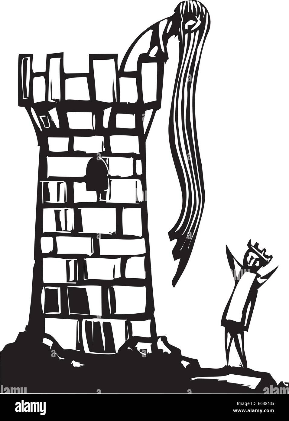 Fairytale Woodcut Image Of Long Hair Rapunzel In Her Tower Stock