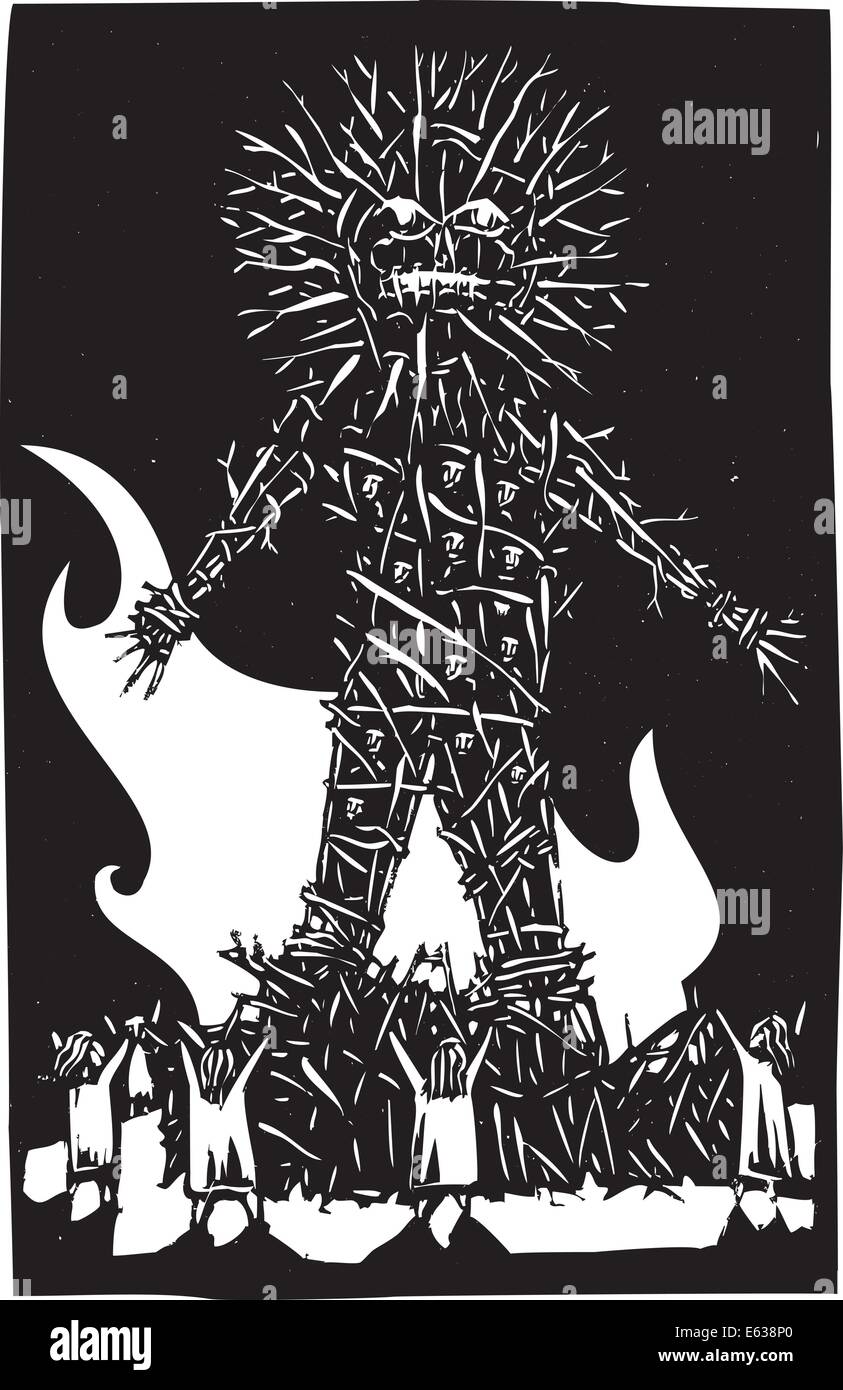 Woocut style expressionist image of pagan Celtic wicker man bonfire and sacrifice. Stock Vector