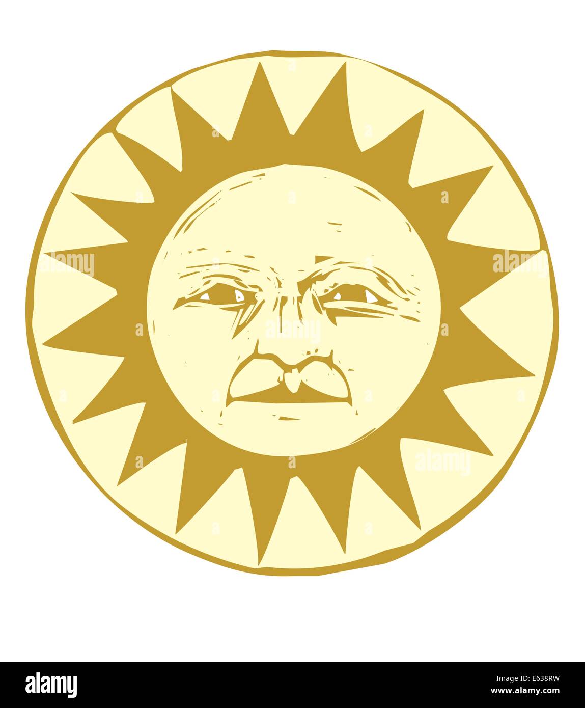 Woodcut Sun face in gold and yellow Stock Vector