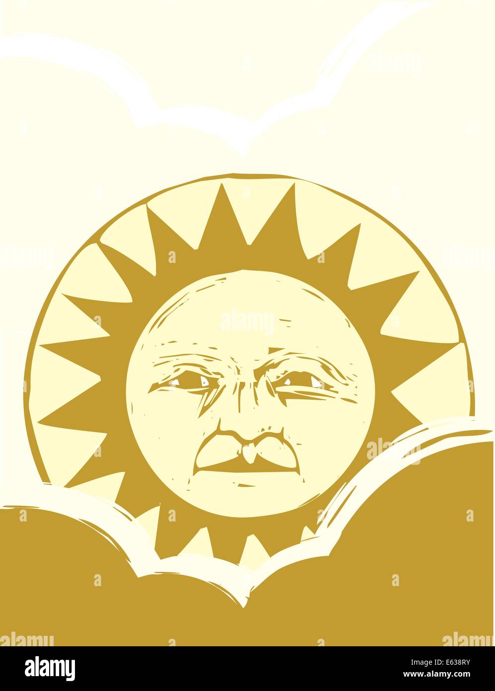 Sun Face and Clouds rendered in a woodcut style Stock Vector