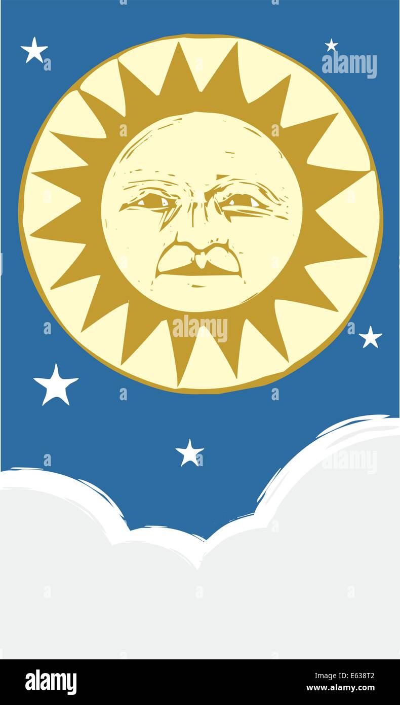 Sun Face and Clouds at night with stars Stock Vector