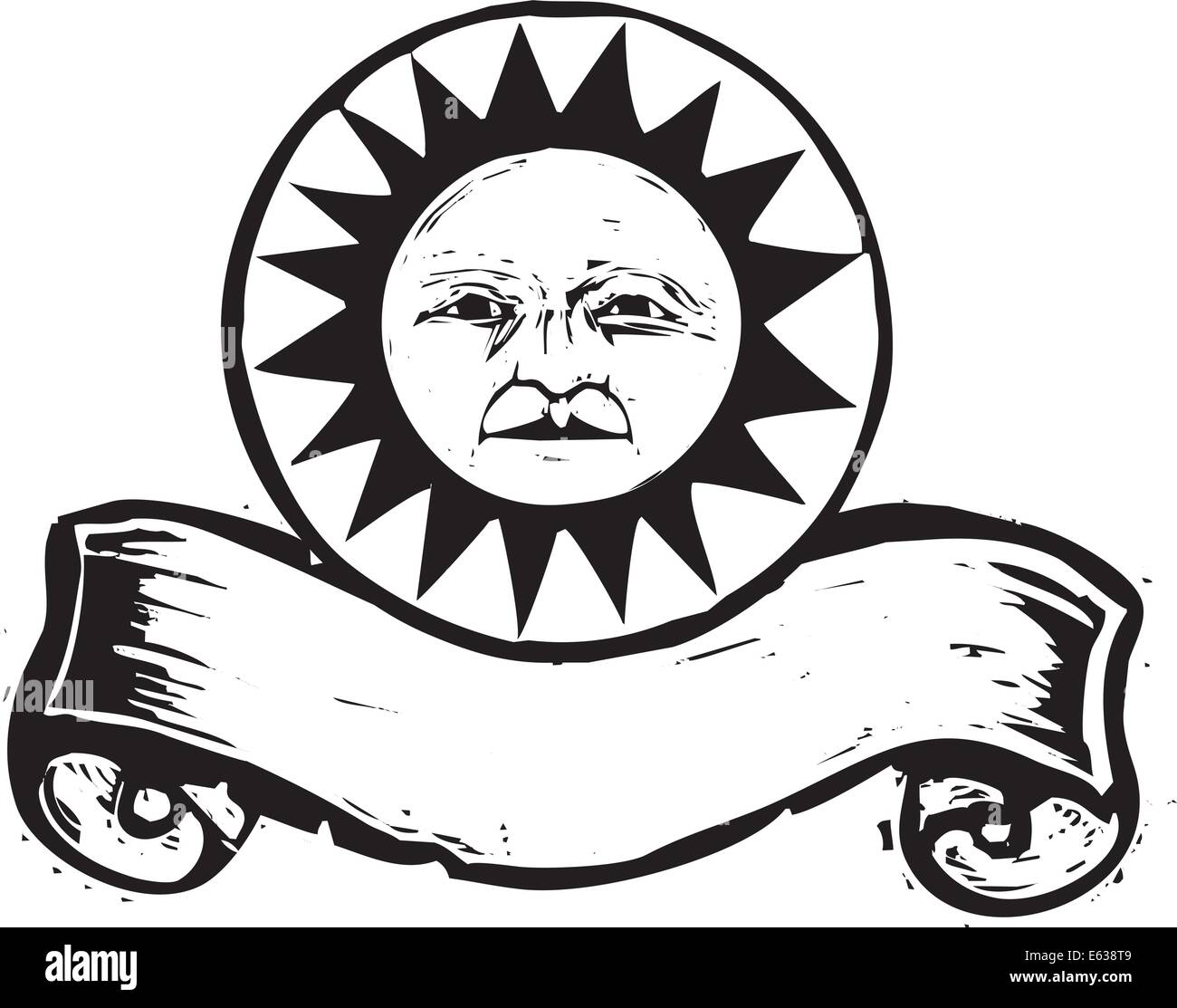 Sun Face in woodcut style with scroll Banner Stock Vector