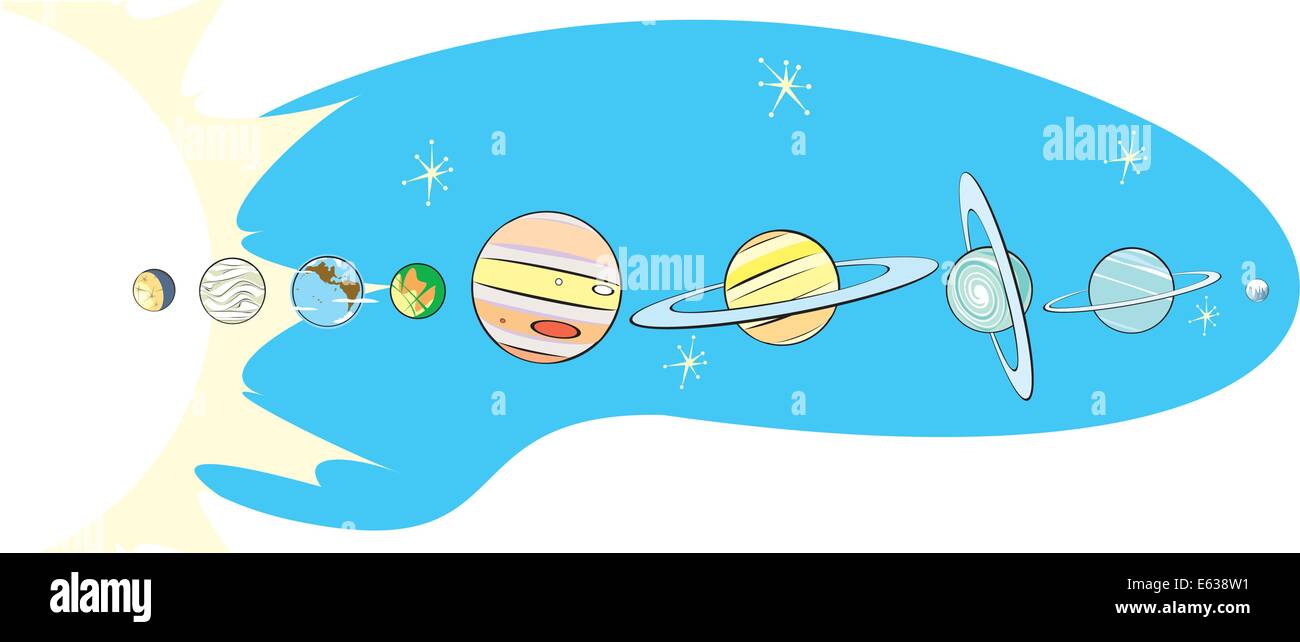 Retro Solar System Group of all of the planets and pluto Stock Vector