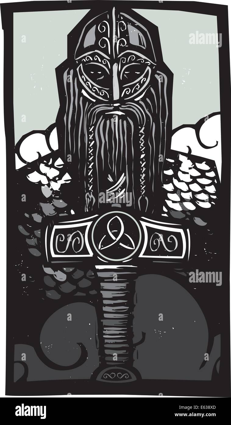 Woodcut style image of the Norse God Thor with his hammer against the sky. Stock Vector