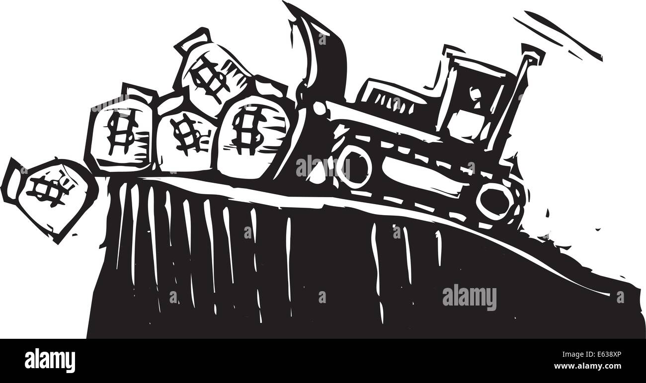 Woodcut style image of a bulldozer pushing money bags off a cliff. Stock Vector