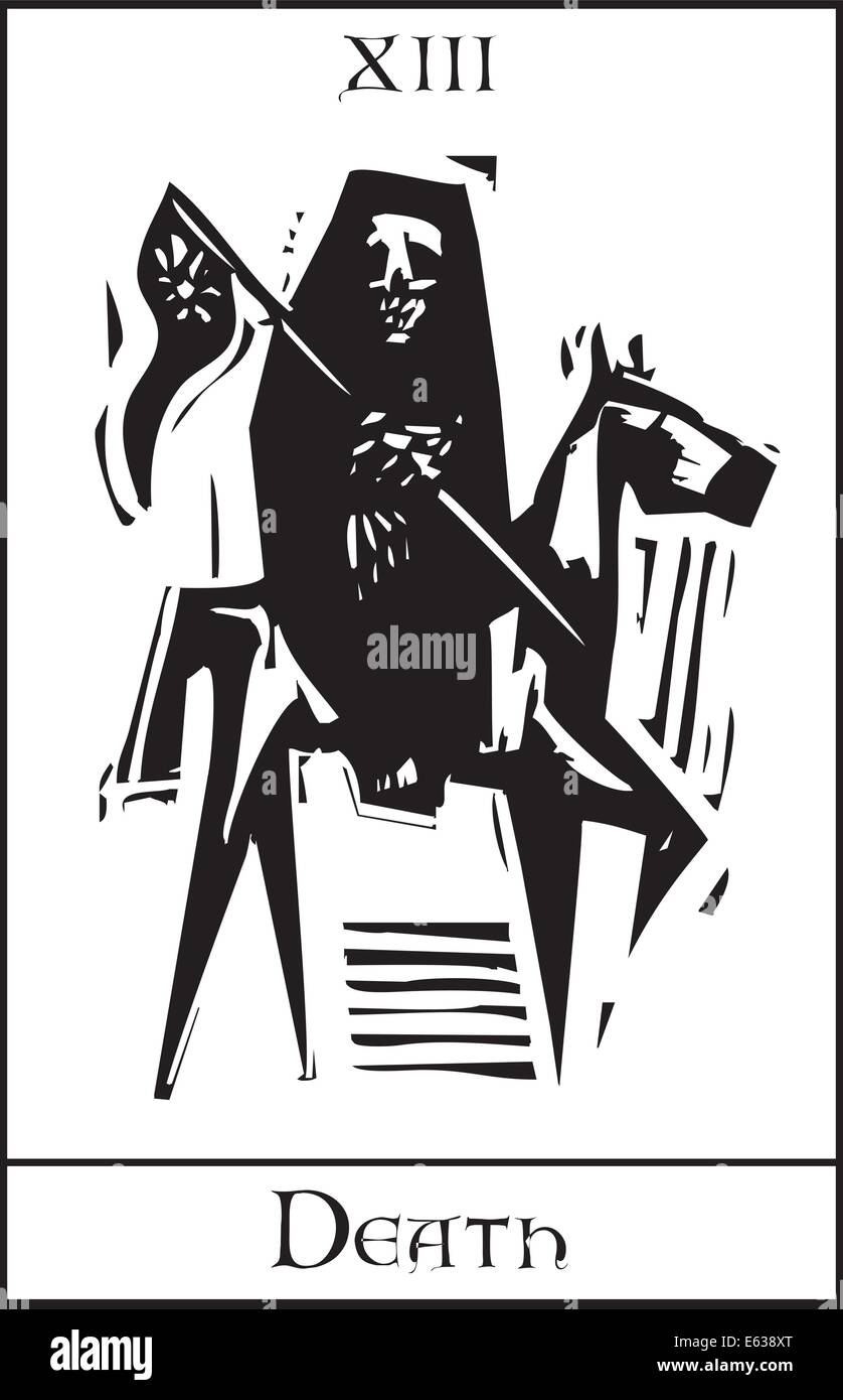Woodcut expressionist style Tarot card for death number thirteen. Stock Vector
