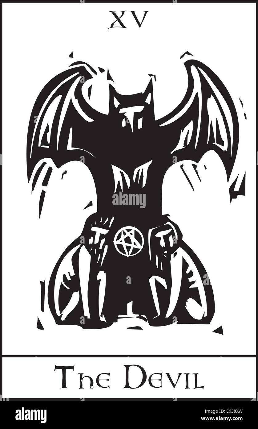 Woodcut expressionist style Tarot card for the devil Stock Vector
