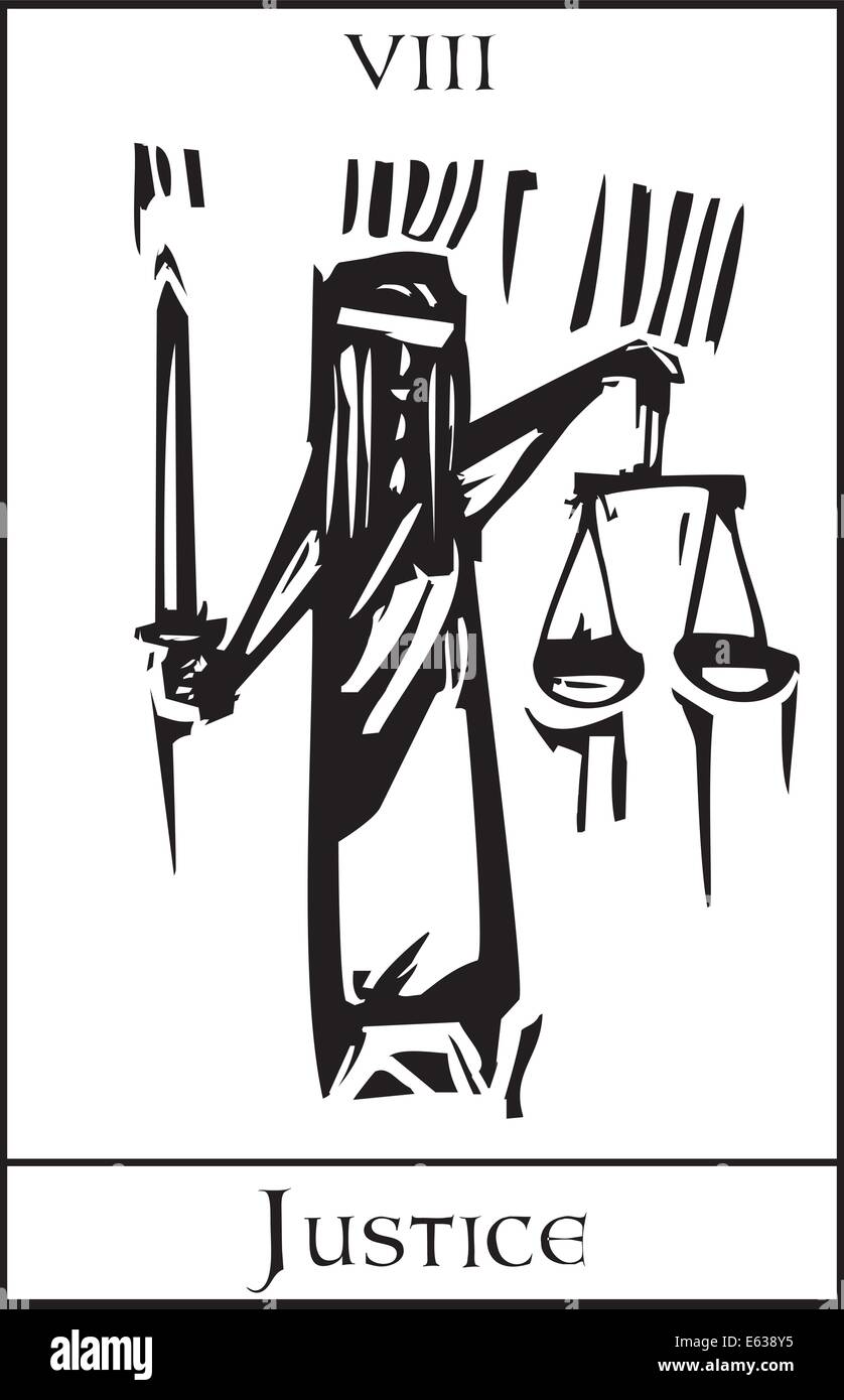 Woodcut expressionist style Tarot Major Arcana image of Justice Stock Vector