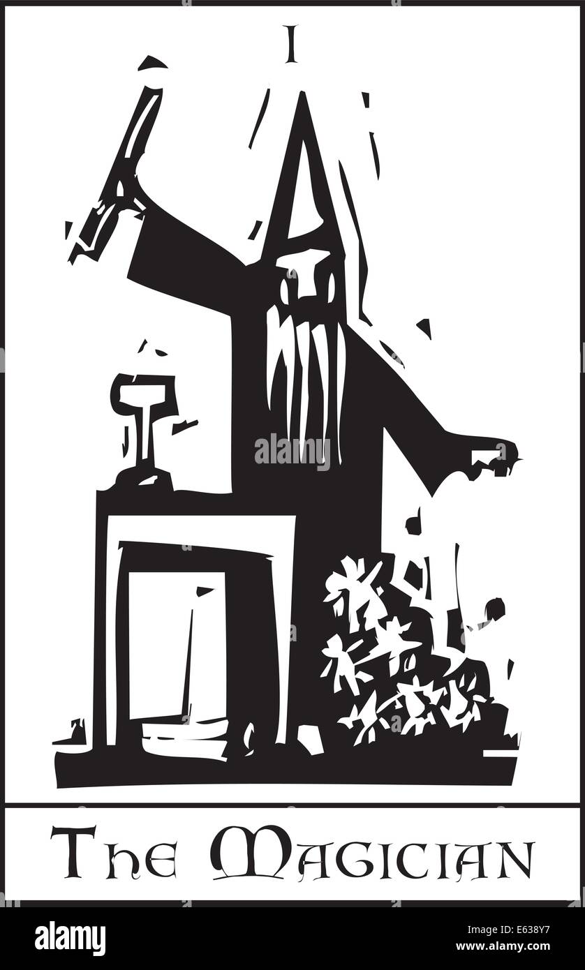 Woodcut expressionist style image of the Tarot Card for the Magician Stock Vector