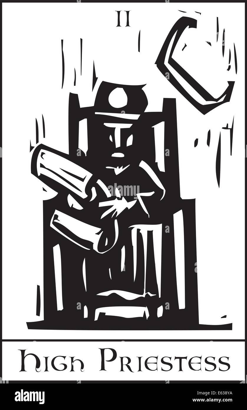 Woodcut expressionist style image of the Tarot Card for the Priestess. Stock Vector