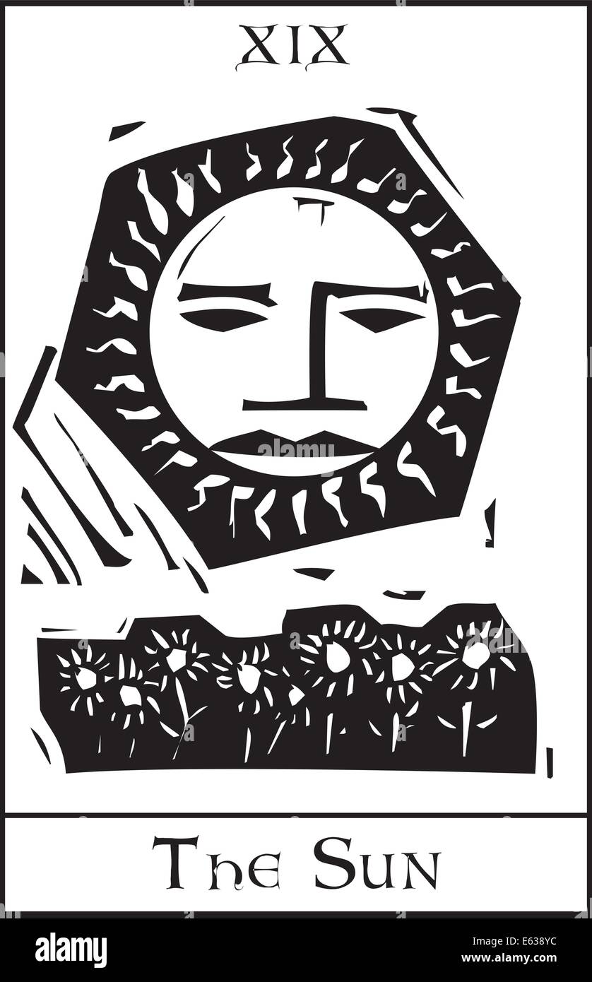 Woodcut expressionist style Tarot sun with face and sunflowers. Stock Vector