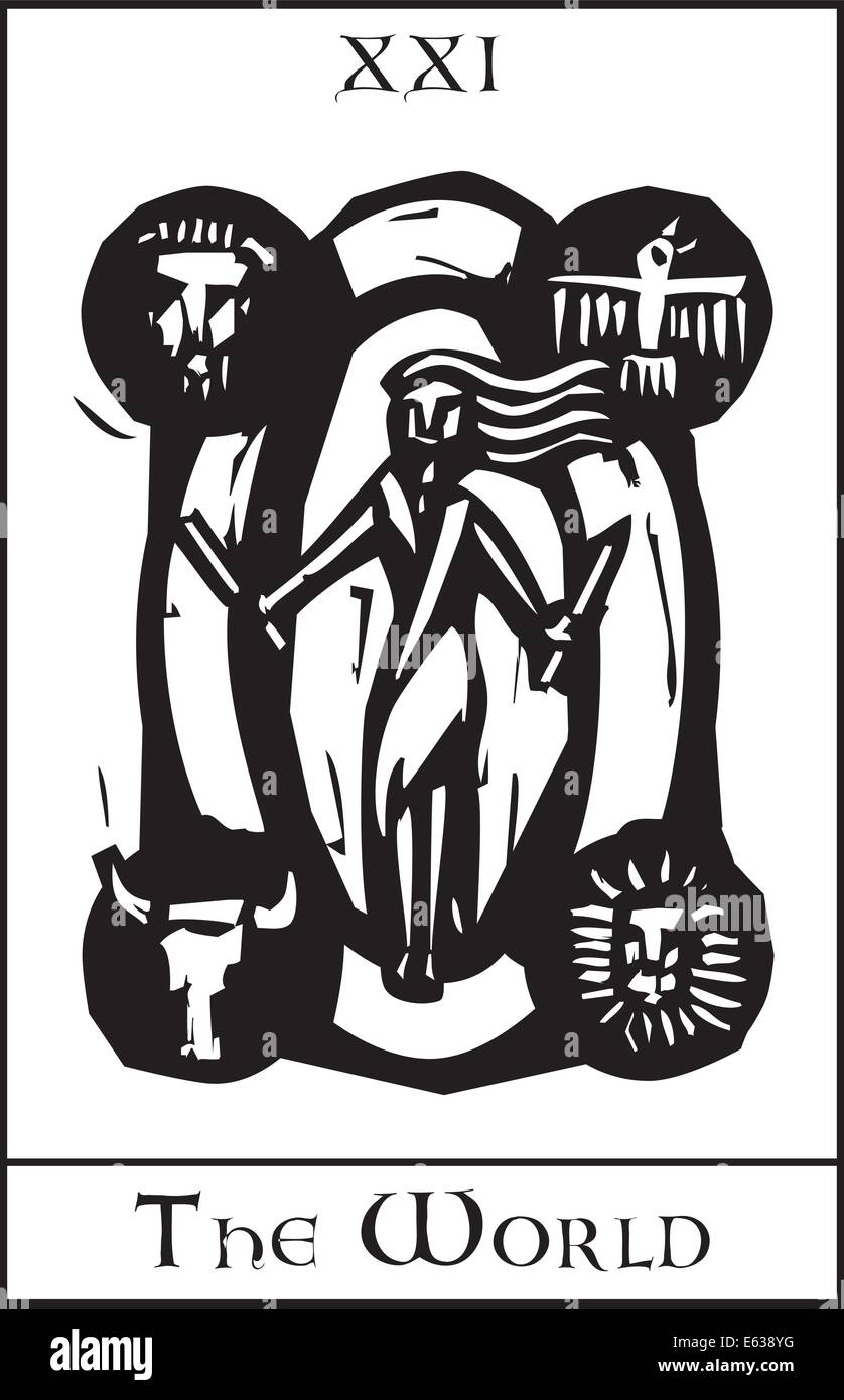 Woodcut expressionist style image of the Tarot Card for the World Stock Vector