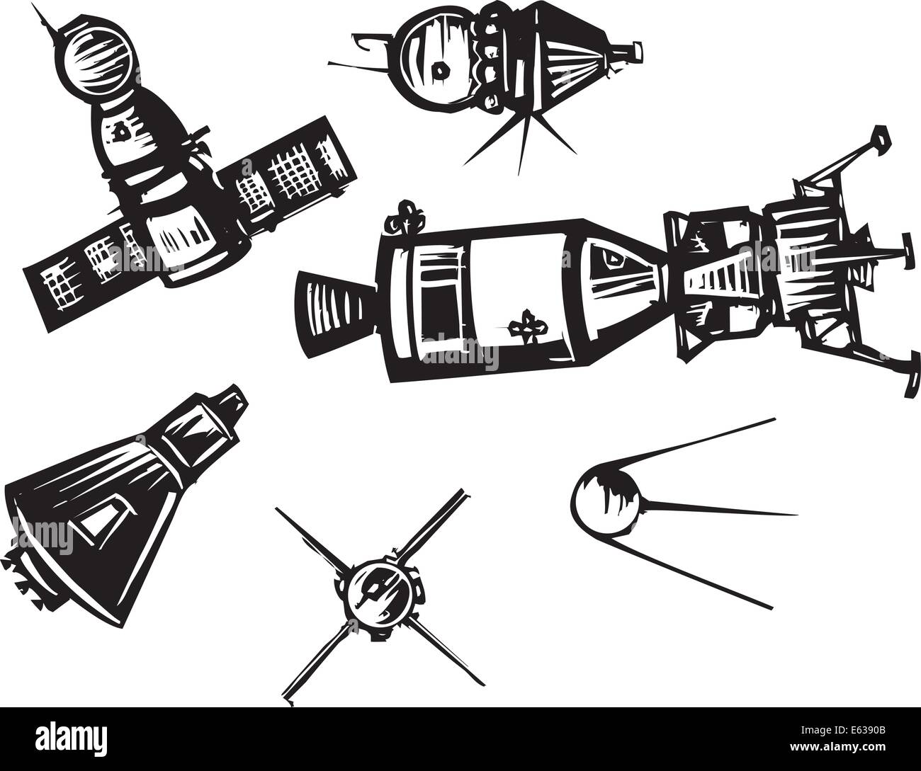 Woodcut style set of historical Soviet Russian and American NASA Spaceships. Stock Vector