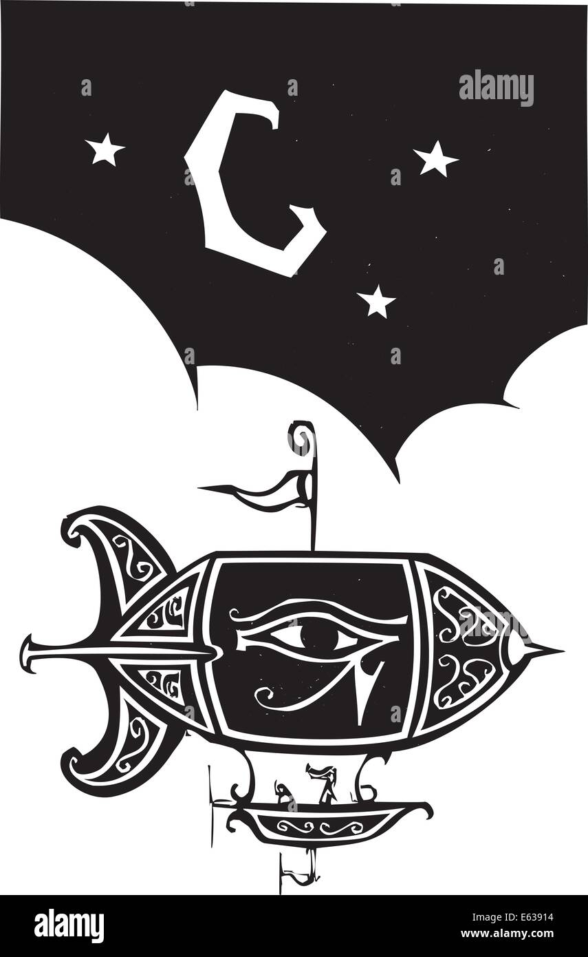 Woodcut style blimp with the eye of Horus flies at night. Stock Vector