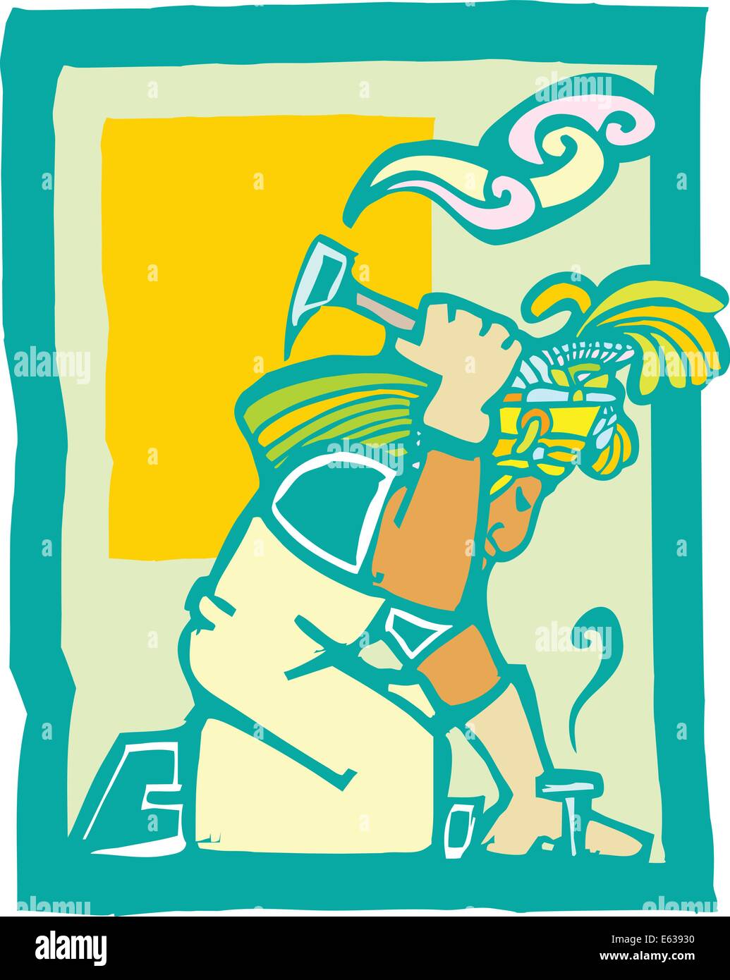 Mayan Temple style image of a workman with Hammer Stock Vector