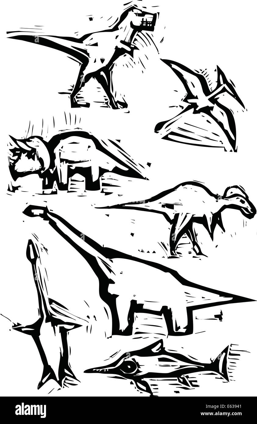 Simple rough woodcut style depictions of dinosaurs. Stock Vector